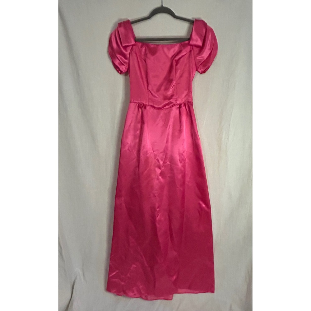 Vintage House of Bianchi Pink Satin Gown 80s Puff Sleeve Bow Prom Dress Size2